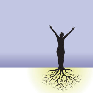 This vector background has a woman with tree roots